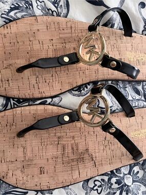 Michael Kors Black Patent Thong Sandals with Gold MK Medallions